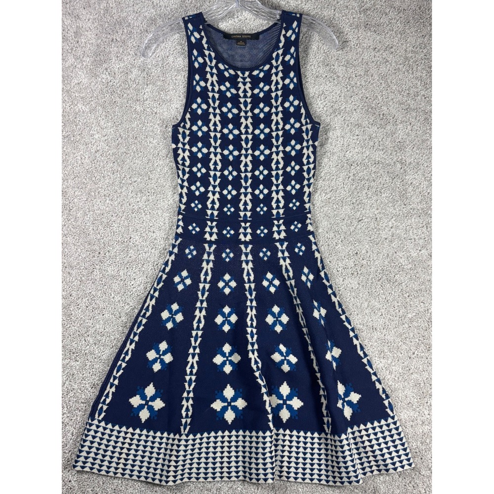 Cynthia‎ Steffe Womens Knit Fit Flare Dress Blue Geometric Pattern XS